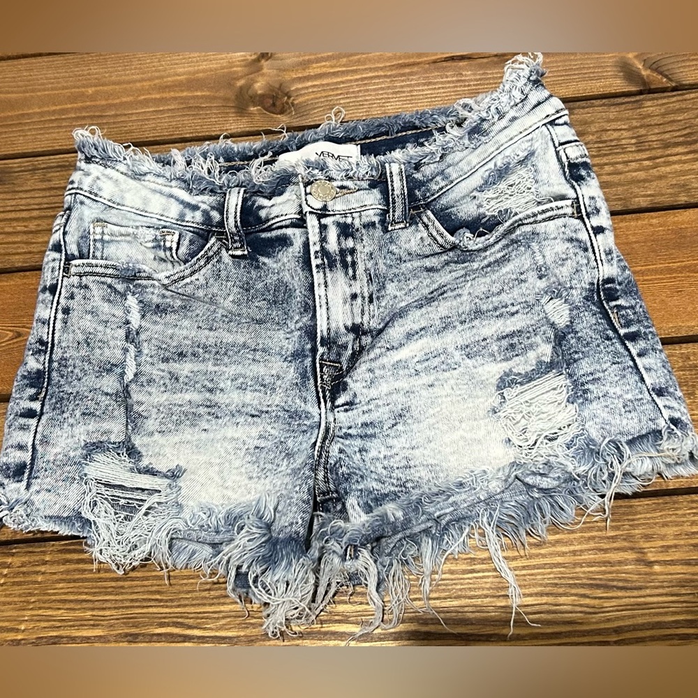 light wash, distressed, raw him waist Jean short NWOT